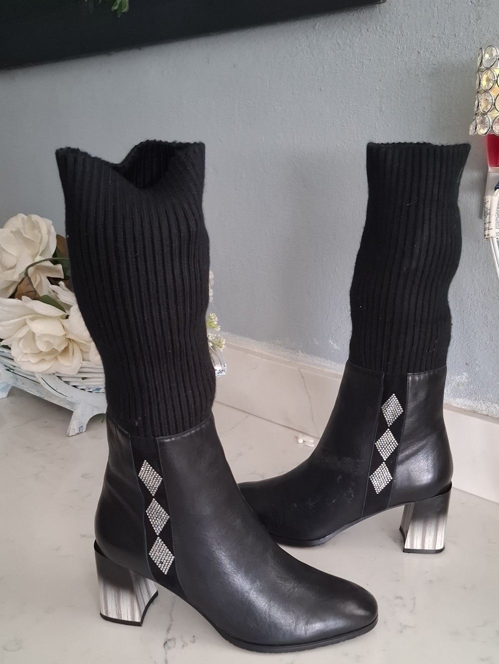 Azura Black Mid-Calf Sock Boot with Rhinestone Detail